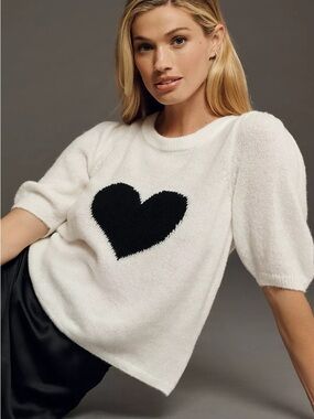Anthropologie Maeve heart White Heart Short-Sleeve knit Black Heart